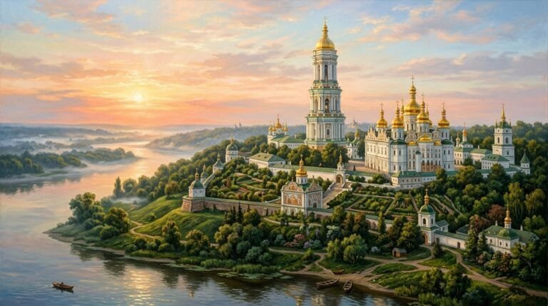 Києво-Печерська лавра: Велика лаврська дзвіниця та Успенський собор над Дніпром