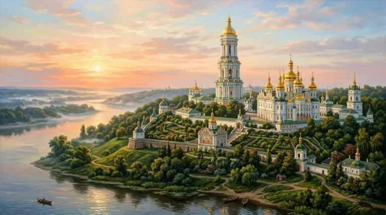Києво-Печерська лавра: Велика лаврська дзвіниця та Успенський собор над Дніпром