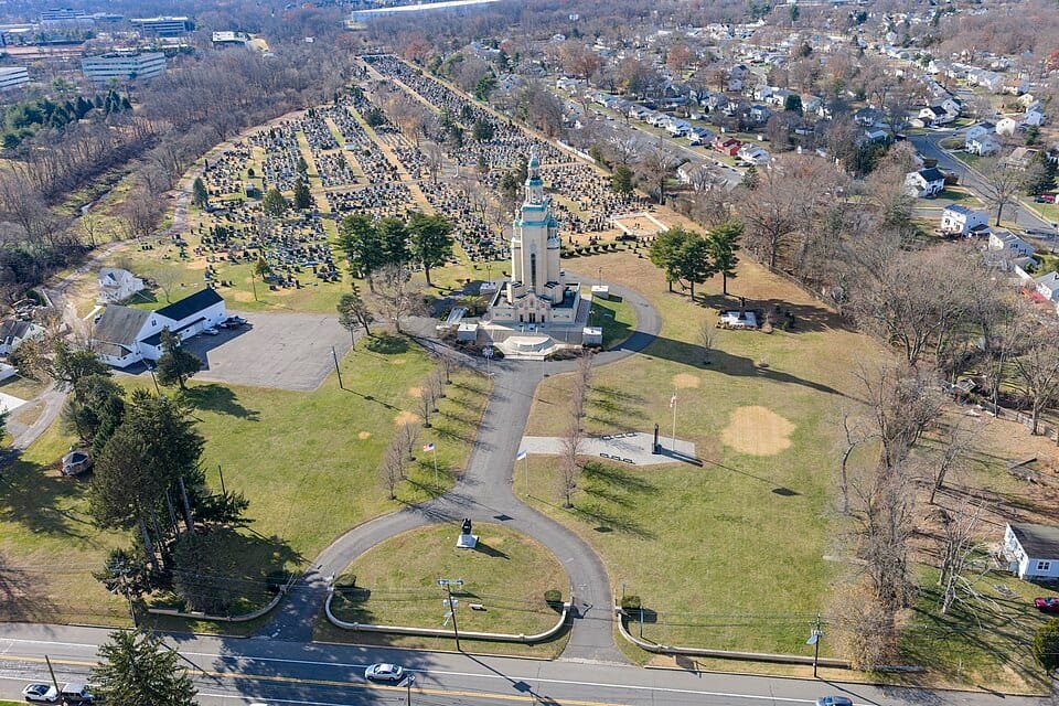 Aerial view of St. Andrew Memorial Church and National Cemetery