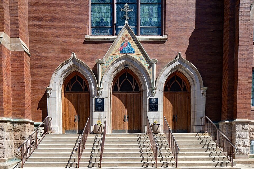 Gothic Portals and Mosaic of Christ at St. Volodymyr Cathedral in Chicago