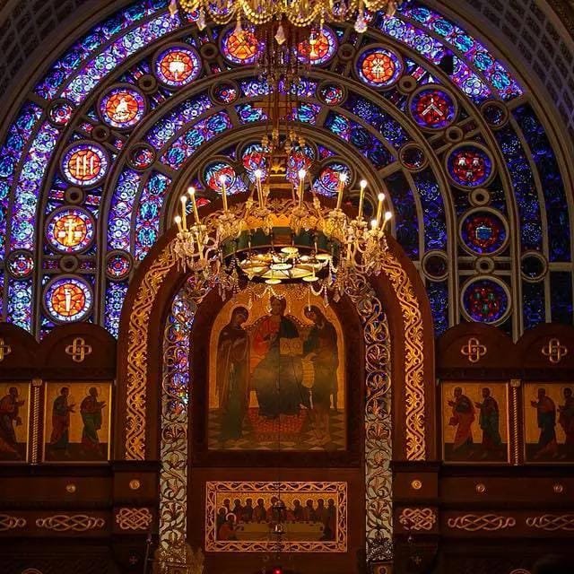 Interior Iconostasis and Stained Glass Arch of St. Volodymyr Cathedral in New York